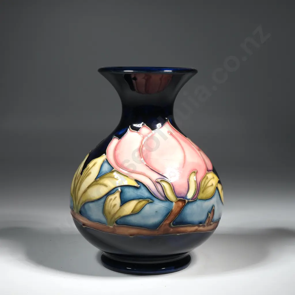 Moorcroft Pottery Vase Decorated in Magnolia Pattern on Blue Ground Image 1++