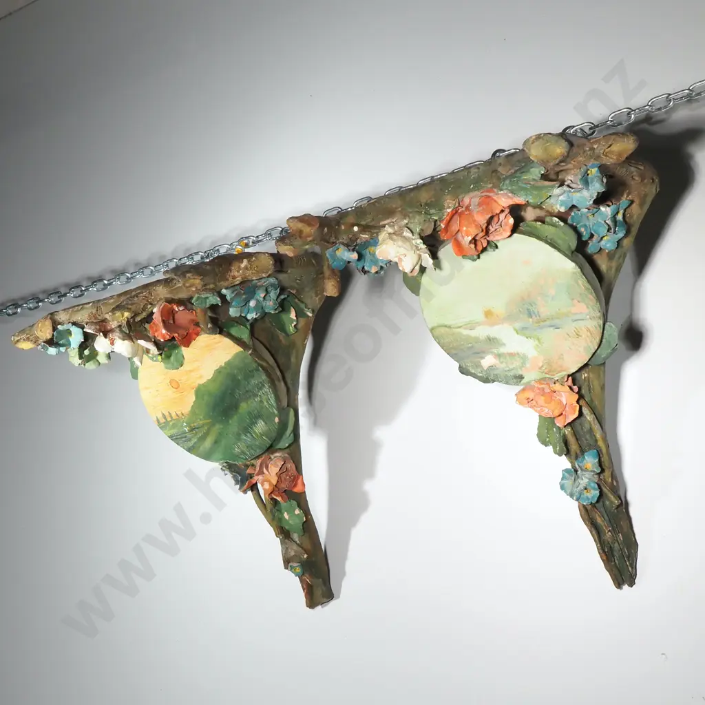 Victorian Pair Large Terracotta Barbola Corbels w Applied Floral Decoration Image 1++