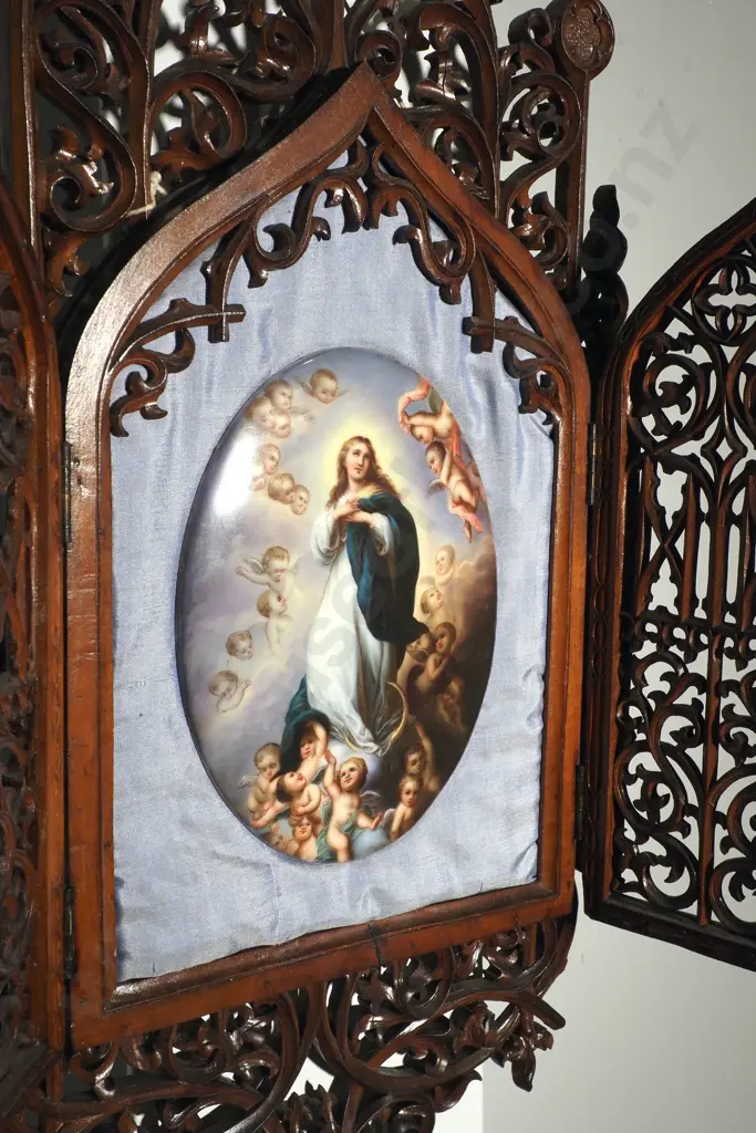 Religious Triptych w Carved Gothic Cathedral Frame Enclosing a German Hand-Painted Plaque of The Virgin Mary Image 1++