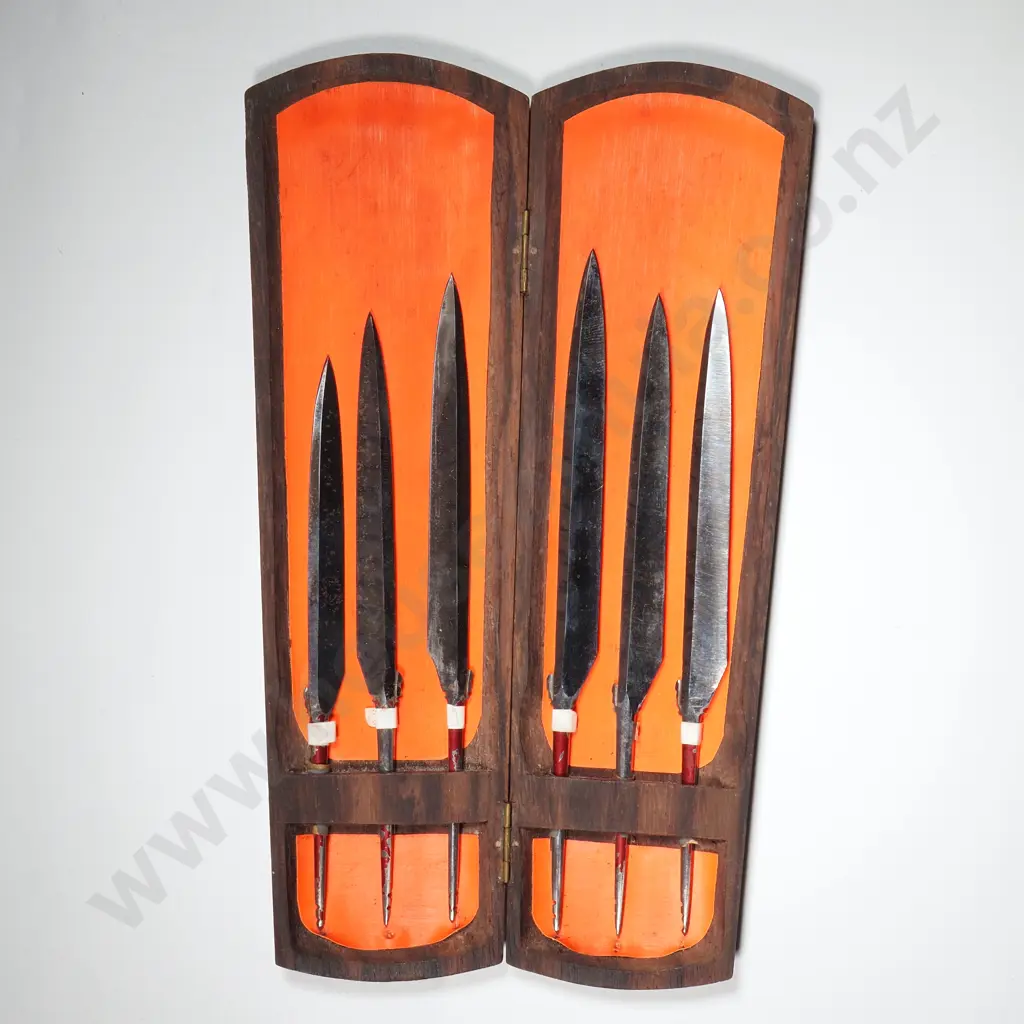 Antique Wooden Cased Set of Six Cock Fighting Knives Image 1++