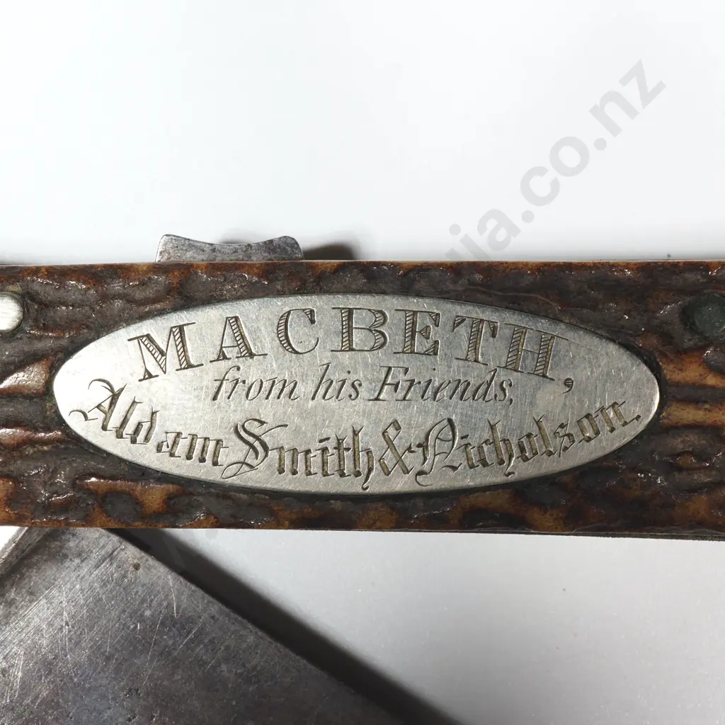 Vintage Pocket Knife w Stag Horn Handle & Corkscrew w An Engraved Silver Shield  Image 1++