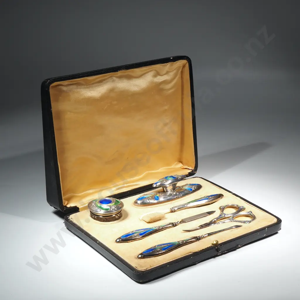 Magnificent Boxed Sterling Silver & Enamel Manicure Set by Henry Wilkinson & Co. Birmingham 1908 Image 1++