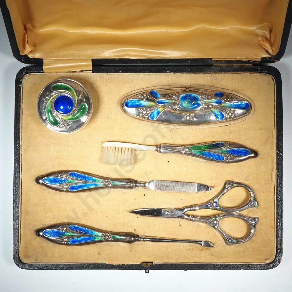 Magnificent Boxed Sterling Silver & Enamel Manicure Set by Henry Wilkinson & Co. Birmingham 1908 Image 1++