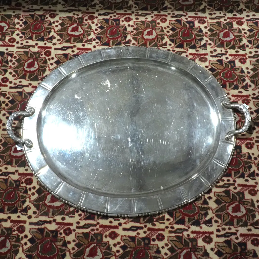 Large Oval S/P Double Handled Tray w Segmented & Beaded Rim Image 1++