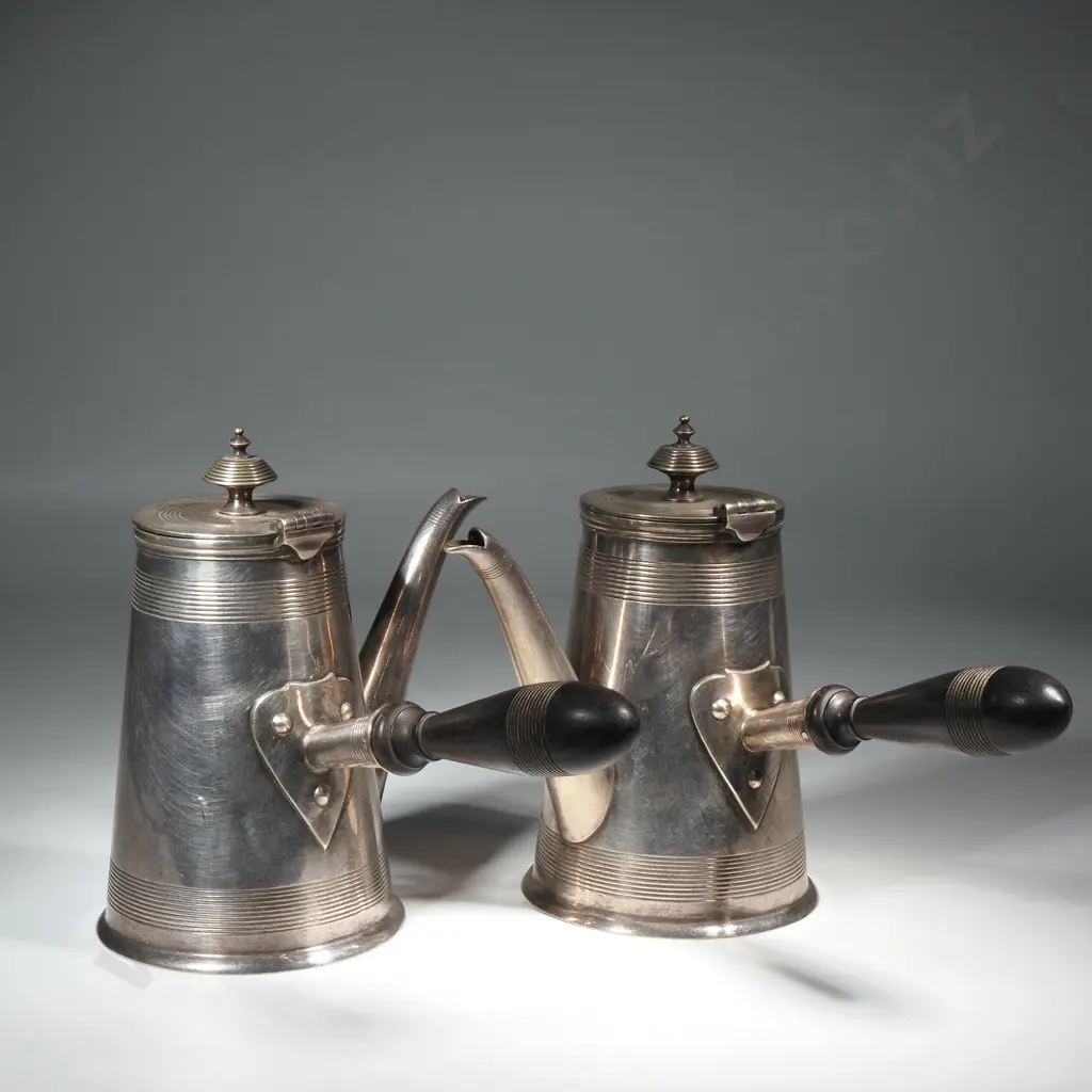 Pair of S/P Chocolate Pots w Turned Wooden Handles Image 1++