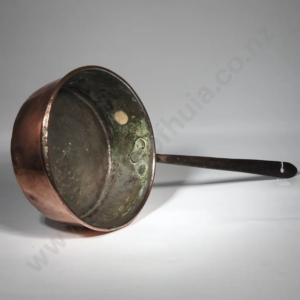 Large Antique Copper Saute Pan w Cast Iron Handle & Tinned Interior Image 1++