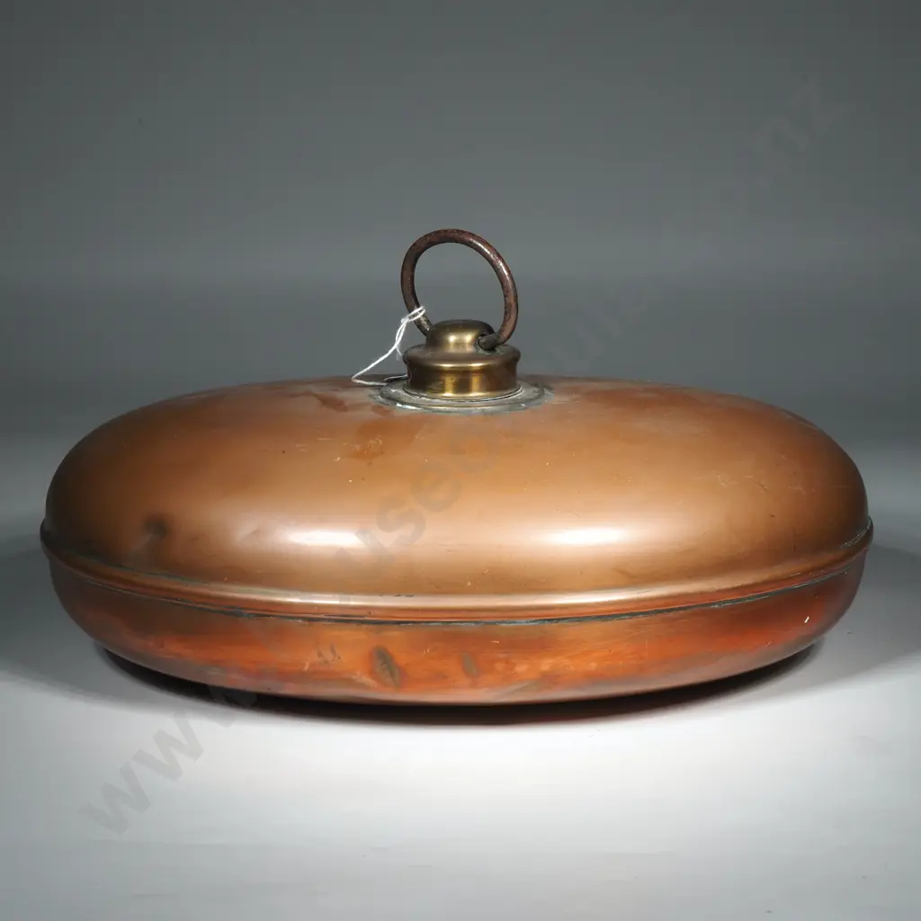 Antique Oval Copper Bed Warmer w Brass Ring Handle Image 1++