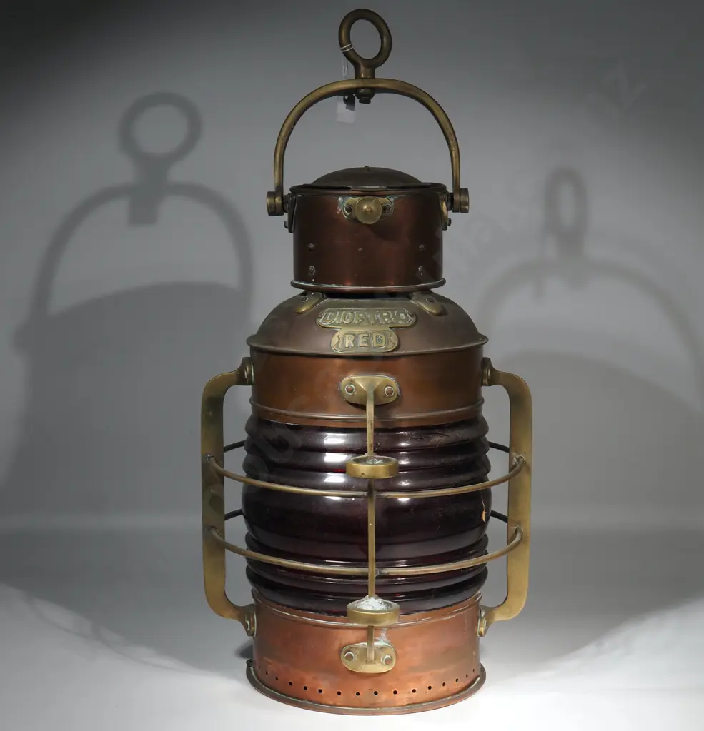 Vintage Port Side Copper & Brass Ship's Lantern w Fresnel Lens & Marked "Dioptric Red" Image 1++
