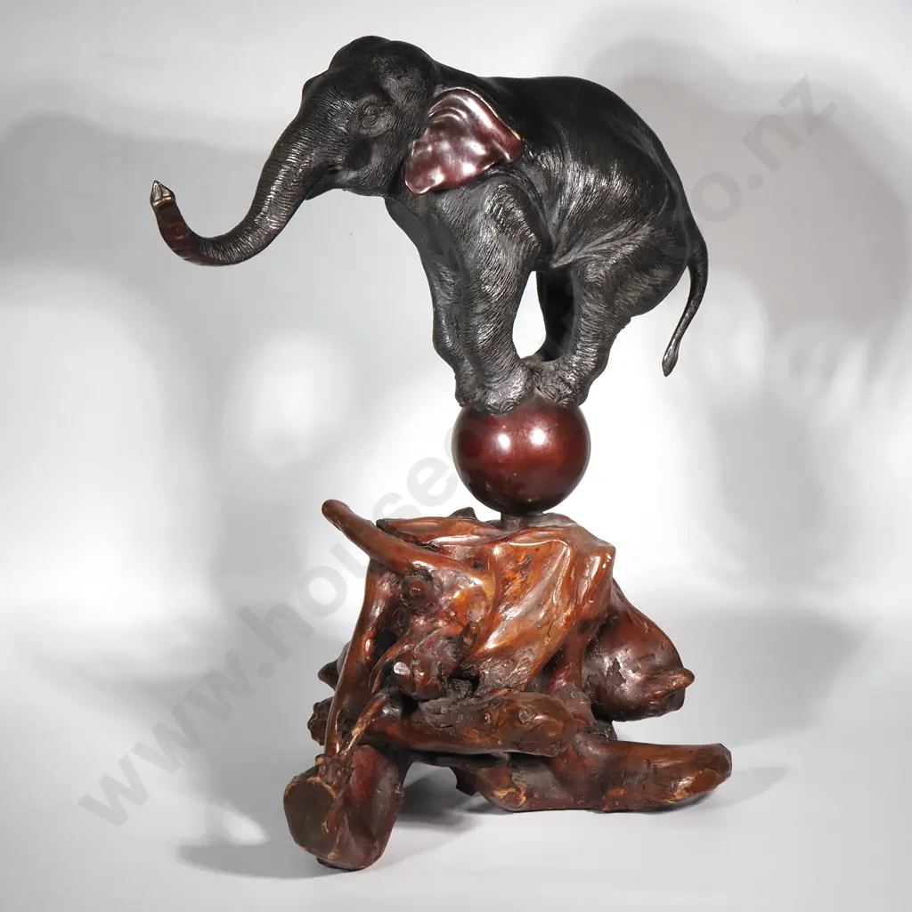 Magnificent Bronze Elephant Standing on Globe & Carved Naturalistic Wood Base Image 1++