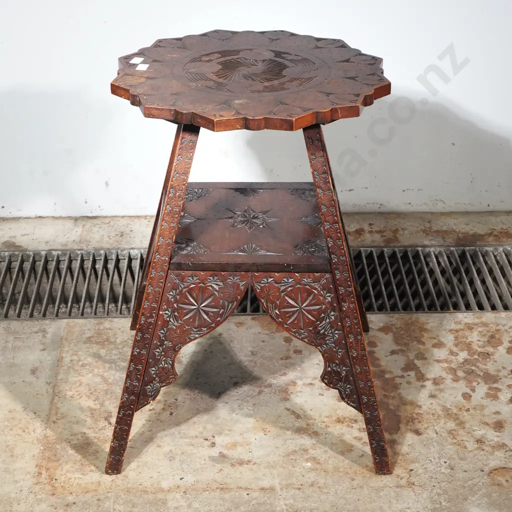 Arts & Crafts Mission Carved Occasional Table w a Multi Lobed Top & Heavy Tiered Base Image 1++