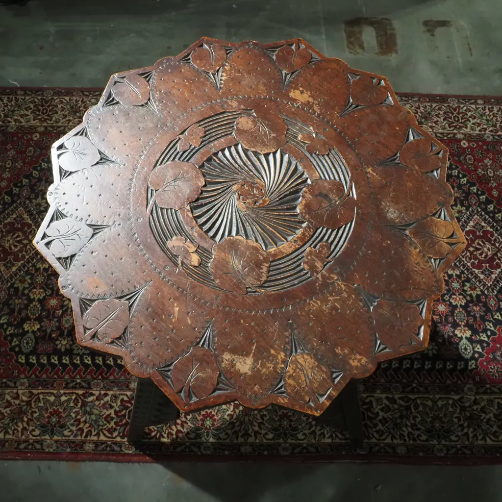 Arts & Crafts Mission Carved Occasional Table w a Multi Lobed Top & Heavy Tiered Base Image 1++