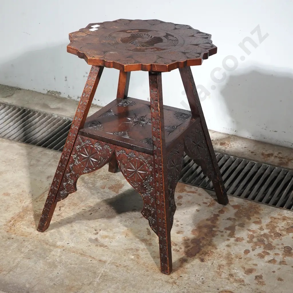 Arts & Crafts Mission Carved Occasional Table w a Multi Lobed Top & Heavy Tiered Base Image 1++