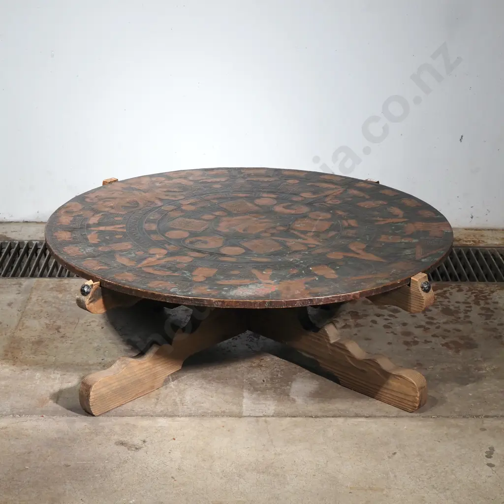 Very Large Copper Round Table w Substantial Wooden Legs Image 1++