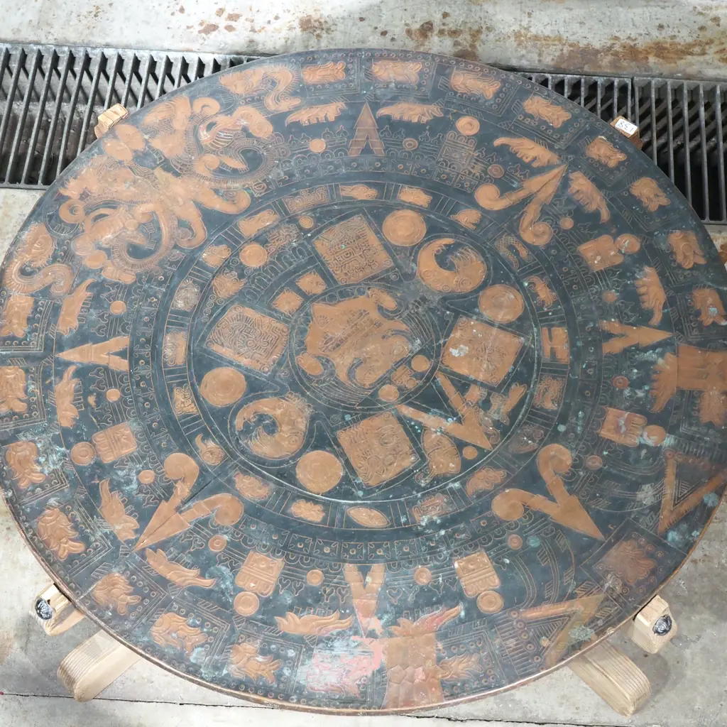 Very Large Copper Round Table w Substantial Wooden Legs Image 1++