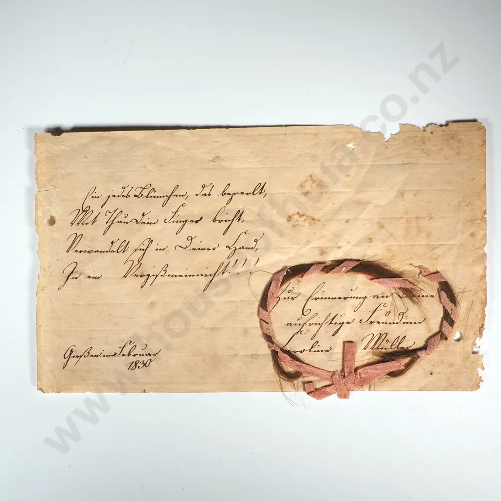 Antique Note Featuring Hand Written Poetry & a Braided Hair Token - 1830 Image 1++