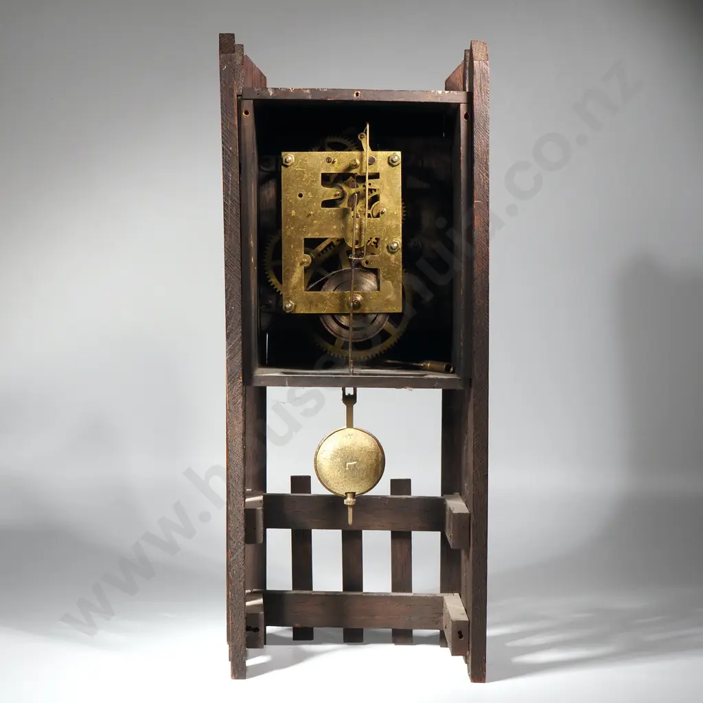 Arts & Crafts Oak Mantel Clock – Fence Post Design, Brass Arabic Numerals w Key Image 1++