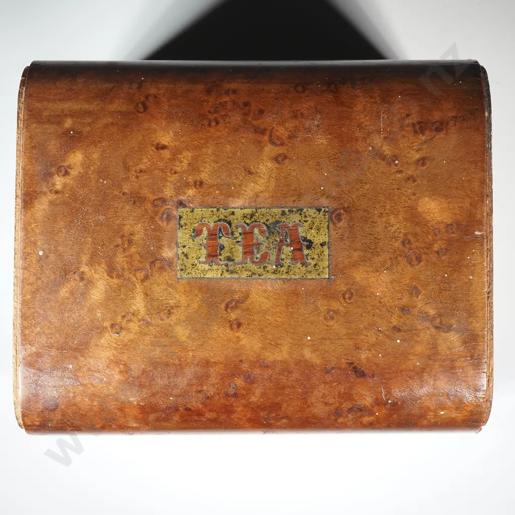 Small Antique Burr Wood Tea Caddy Marked Tea on Brass Plaque Image 1++