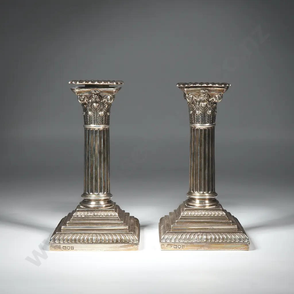 Antique Sterling Silver Corinthian Column Candle Stick Holders - Hallmarked for London 1904 Image 1++