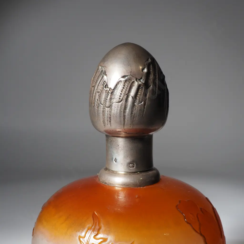 Large Antique Émile Gallé French Cameo Glass Perfume Bottle w French Art Nouveau Silver Lid Image 1++