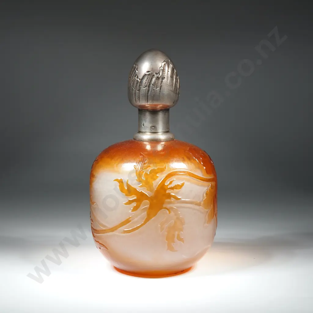 Large Antique Émile Gallé French Cameo Glass Perfume Bottle w French Art Nouveau Silver Lid Image 1++