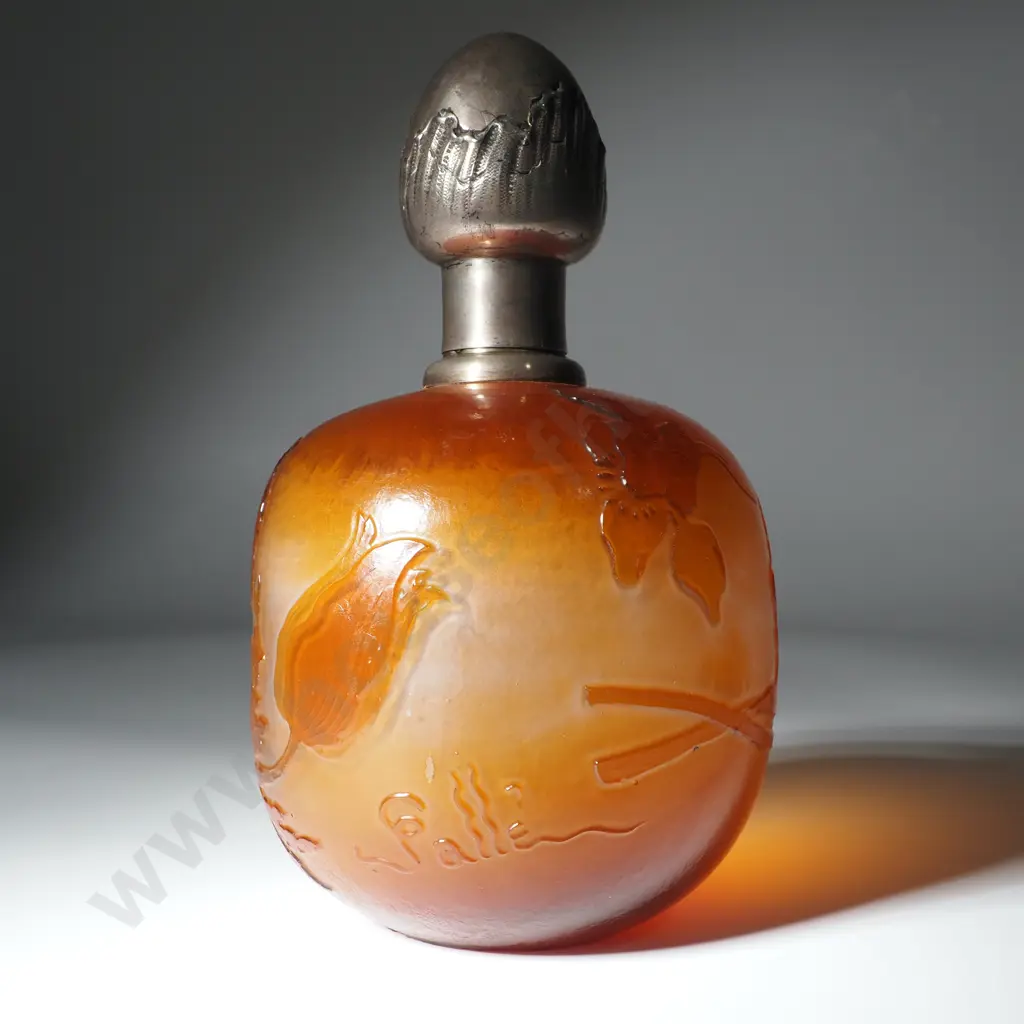 Large Antique Émile Gallé French Cameo Glass Perfume Bottle w French Art Nouveau Silver Lid Image 1++