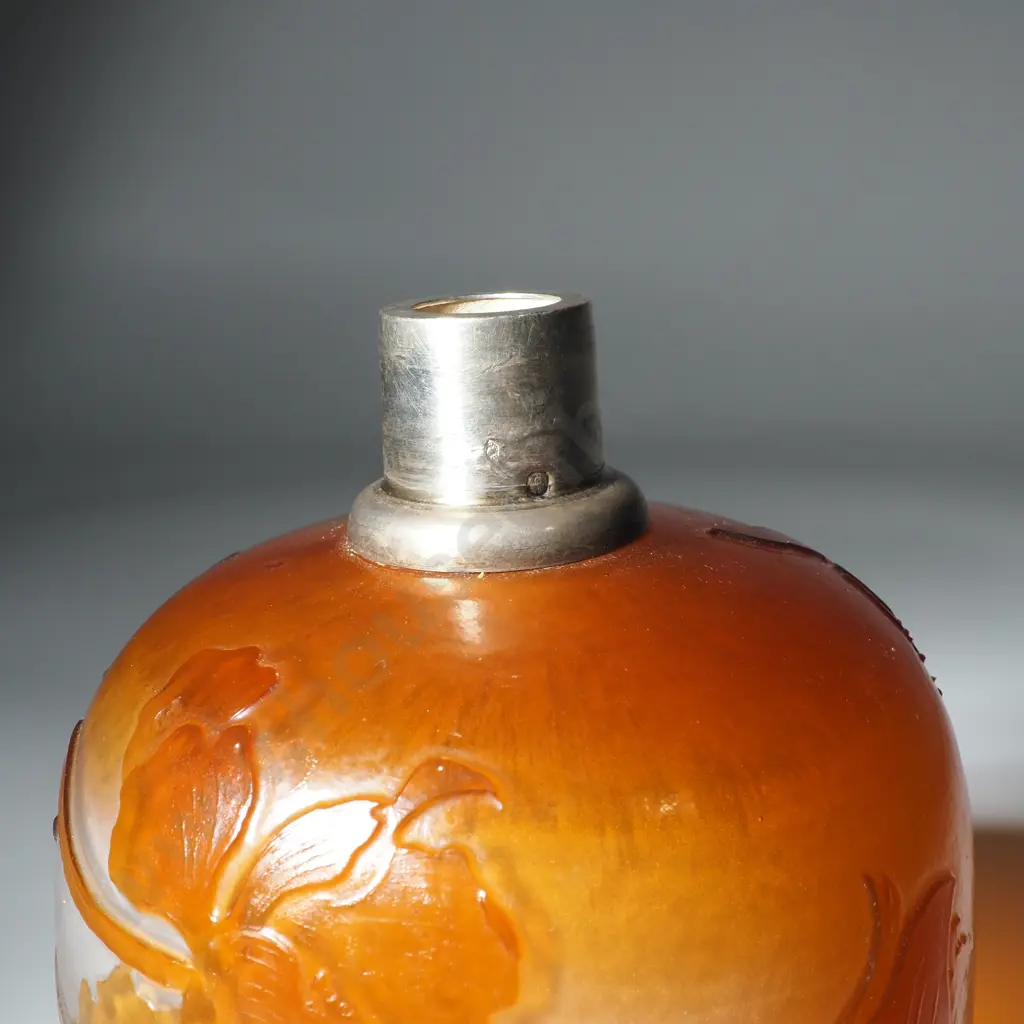 Large Antique Émile Gallé French Cameo Glass Perfume Bottle w French Art Nouveau Silver Lid Image 1++