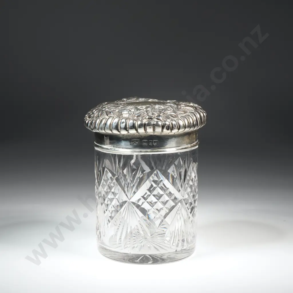 Sterling Silver & Cut Glass Vanity Jar w Highly Embossed Lid Image 1++
