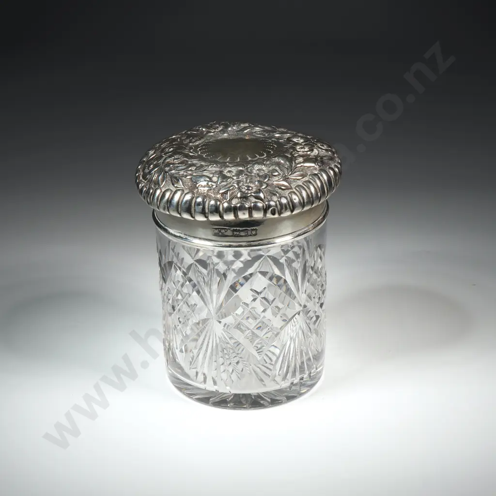Sterling Silver & Cut Glass Vanity Jar w Highly Embossed Lid Image 1++