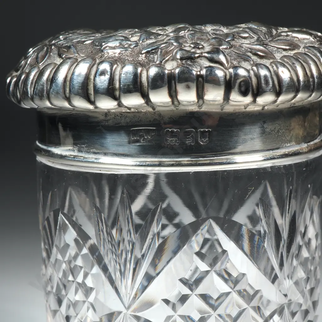 Sterling Silver & Cut Glass Vanity Jar w Highly Embossed Lid Image 1++