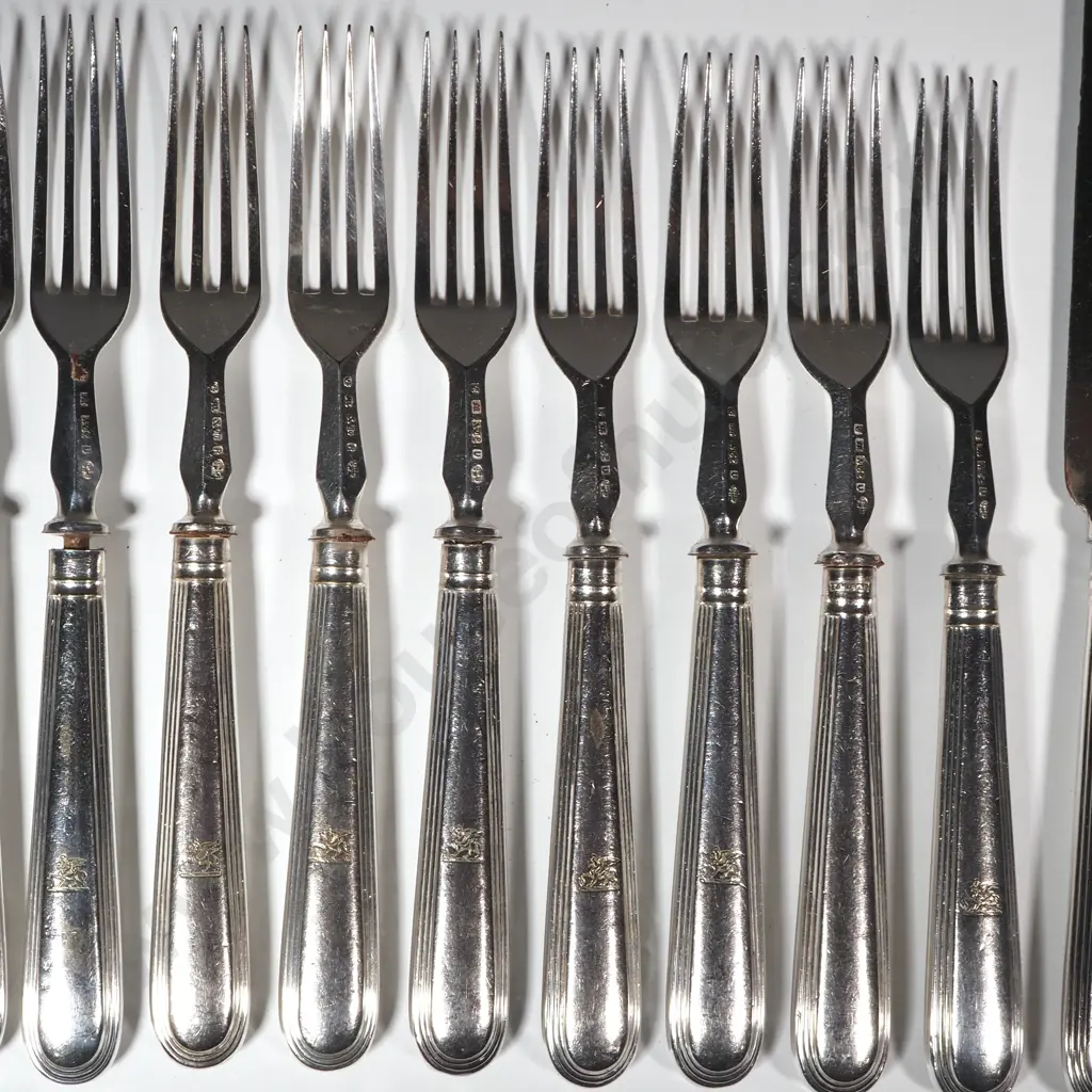 Set of Twelve EPNS Knives & Forks w Griffin Crest Image 1++