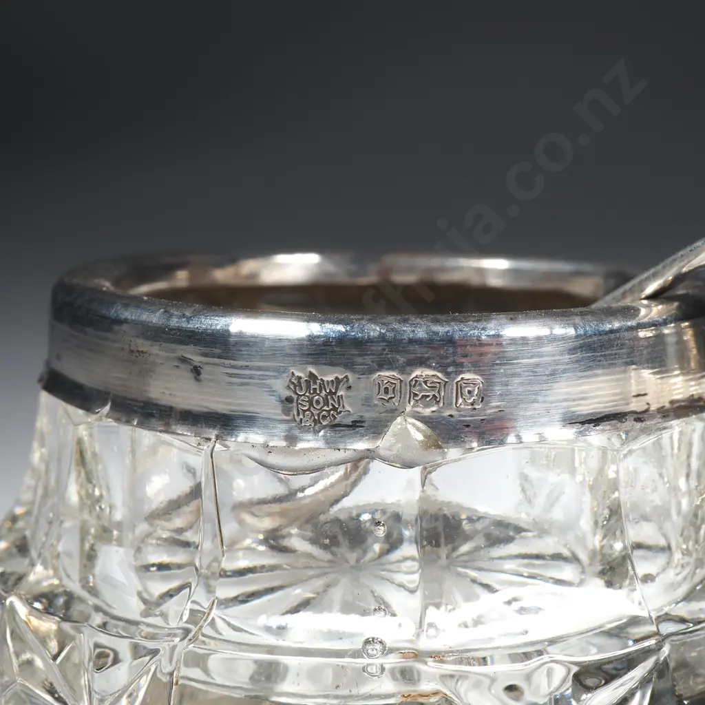 Pair of Glass Salts w Sterling Silver Rim & Complete w Salt Spoons Image 1++