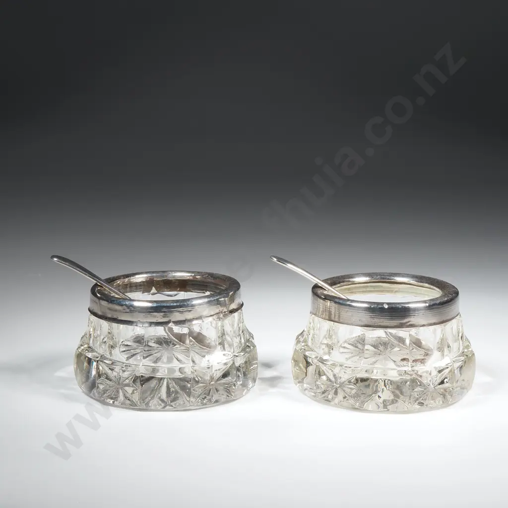 Pair of Glass Salts w Sterling Silver Rim & Complete w Salt Spoons Image 1++
