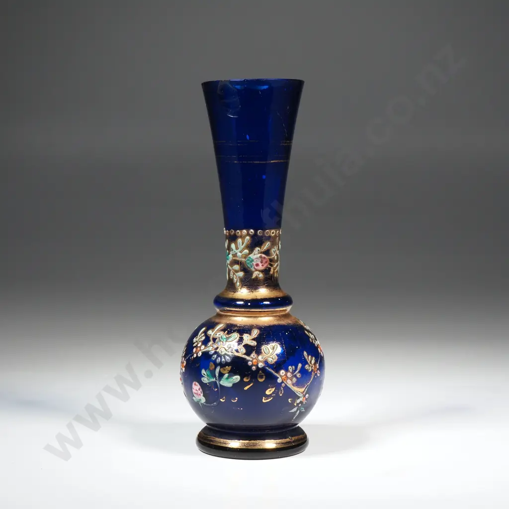 Small Cobalt Blue Glass Vase w Enamel Decoration Image 1++