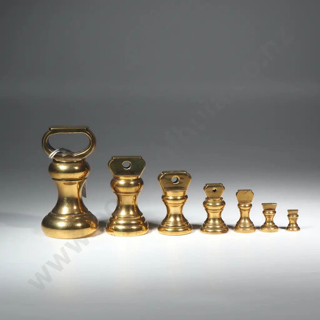 Seven Graduated Bell Shaped Brass Weights for use W Balance Scales Image 1++