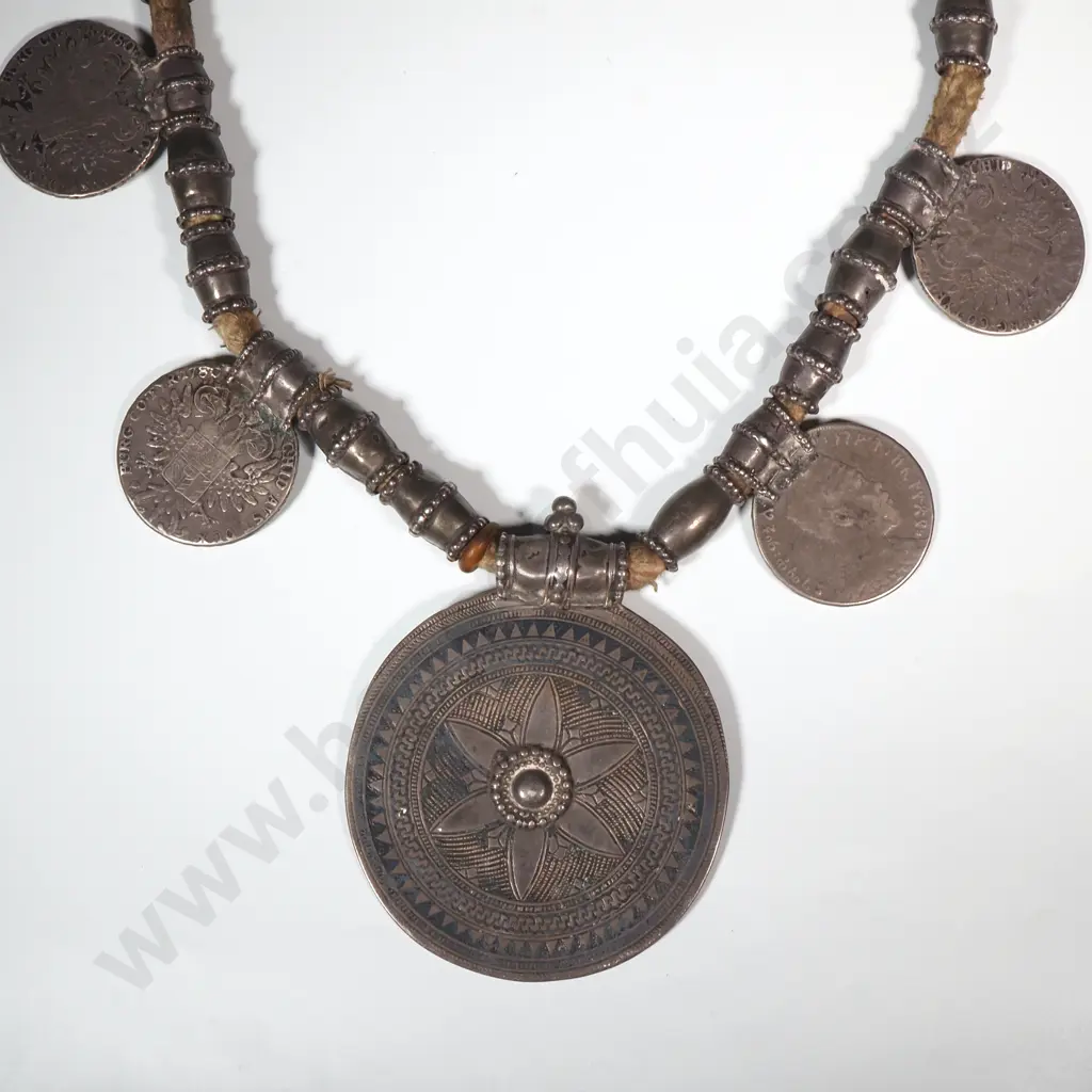 Antique Omani Silver Tribal Necklace w Barrel Beads Four Maria Thaler Coins & Two Rupee Coins Image 1++