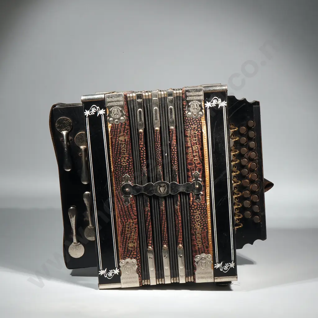 Antique German Gebr Ludwig "Pine Tree" Accordion w Distinctive Pattern Bellows & Silver Plated Decorative Mounts Image 1++