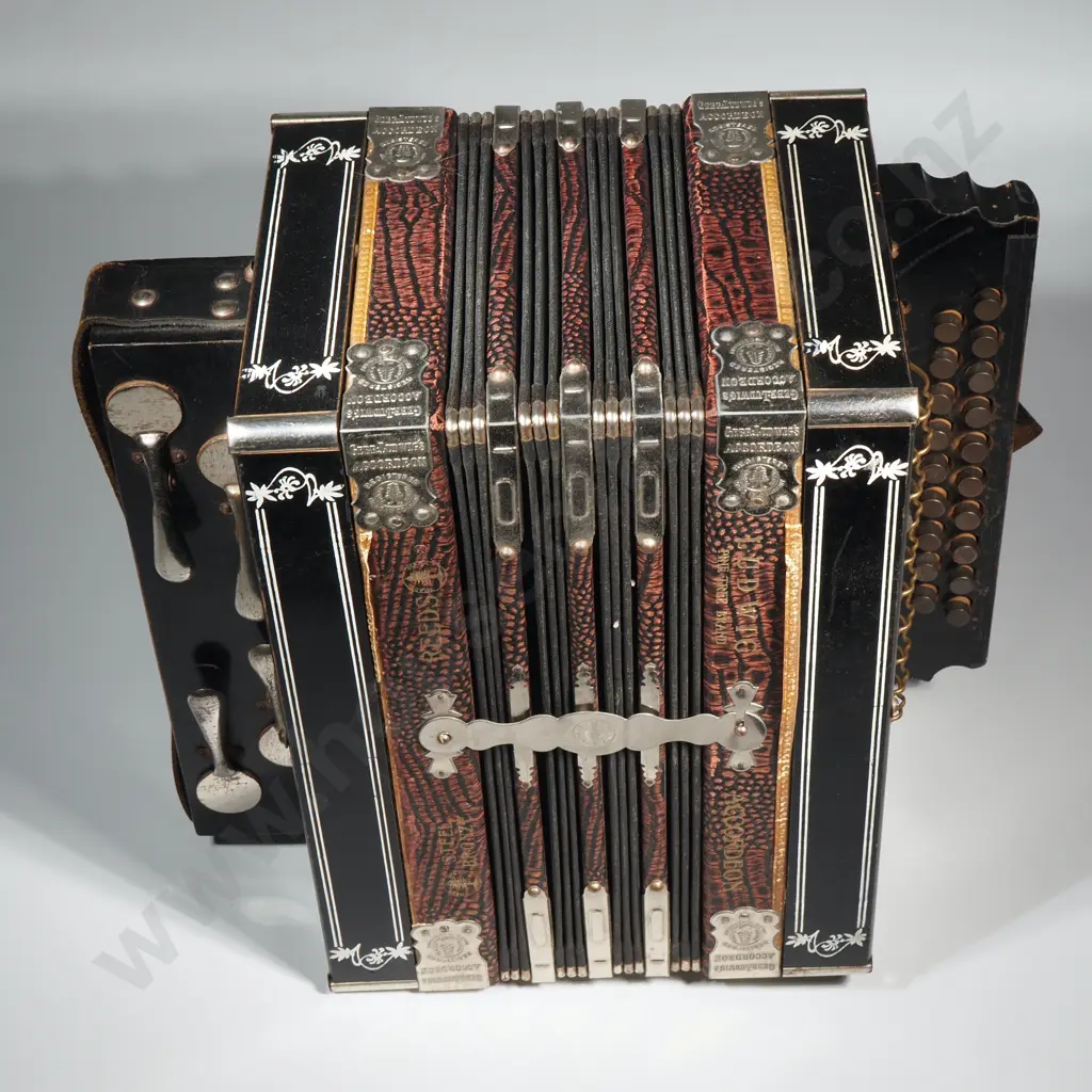 Antique German Gebr Ludwig "Pine Tree" Accordion w Distinctive Pattern Bellows & Silver Plated Decorative Mounts Image 1++