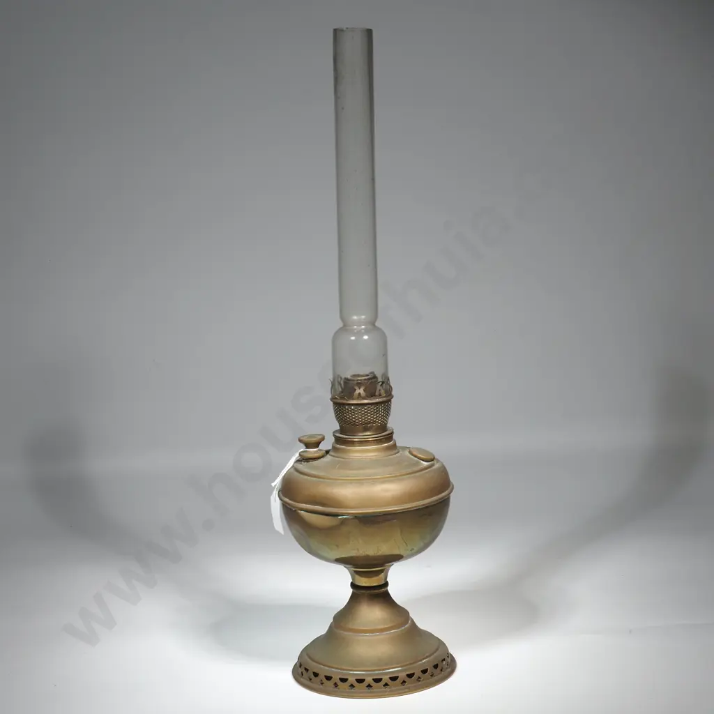 Antique Brass Kerosene Lamp Base & Chimney Image 1++