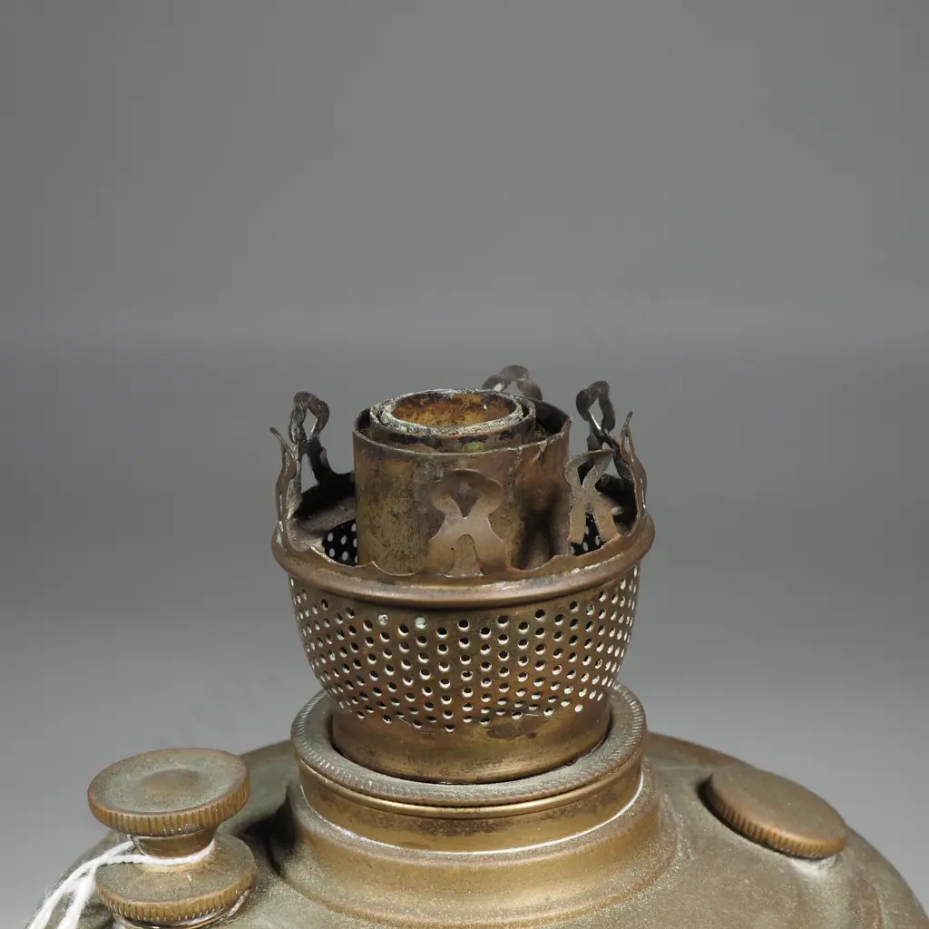 Antique Brass Kerosene Lamp Base & Chimney Image 1++