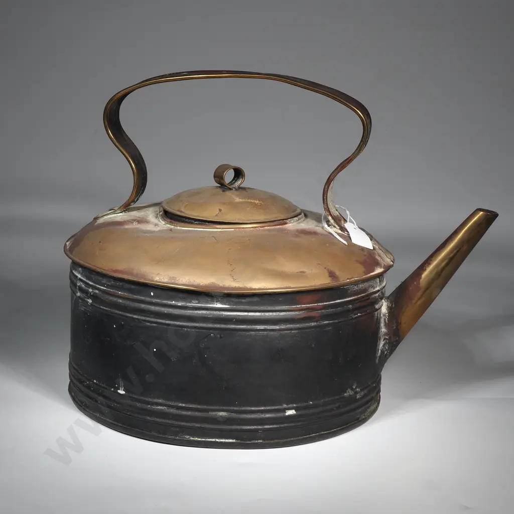 Large Antique Brass Tea Kettle w Lid  & Strap Handle  Image 1++