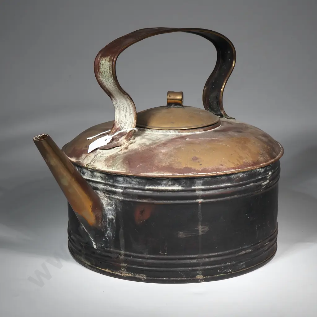 Large Antique Brass Tea Kettle w Lid  & Strap Handle  Image 1++