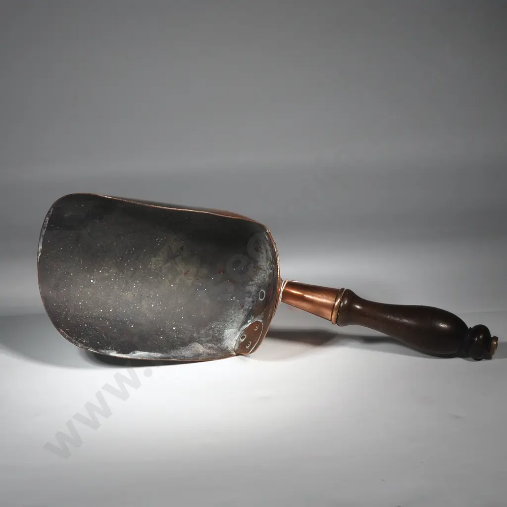 Antique English Victorian Copper Dry Goods Scoop w Turned Wooden Handle Image 1++