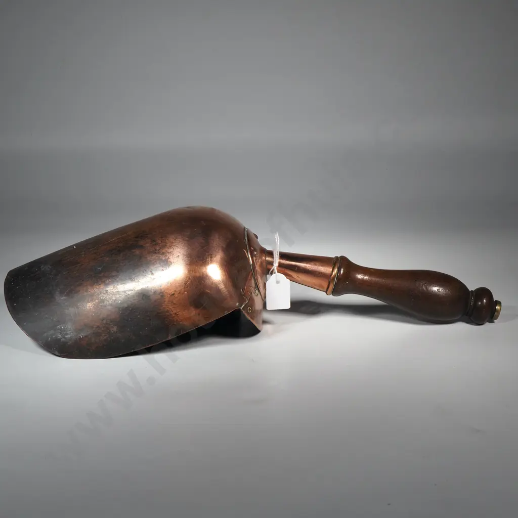 Antique English Victorian Copper Dry Goods Scoop w Turned Wooden Handle Image 1++