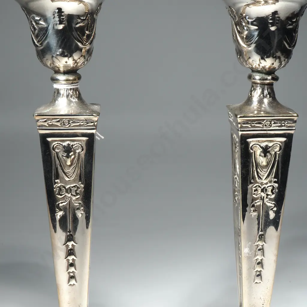 Pair Of  Vintage Silver Plated Neoclassical  Style Candlesticks Decorated w Rams Heads & Knots Image 1++