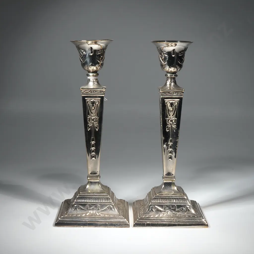 Pair Of  Vintage Silver Plated Neoclassical  Style Candlesticks Decorated w Rams Heads & Knots Image 1++