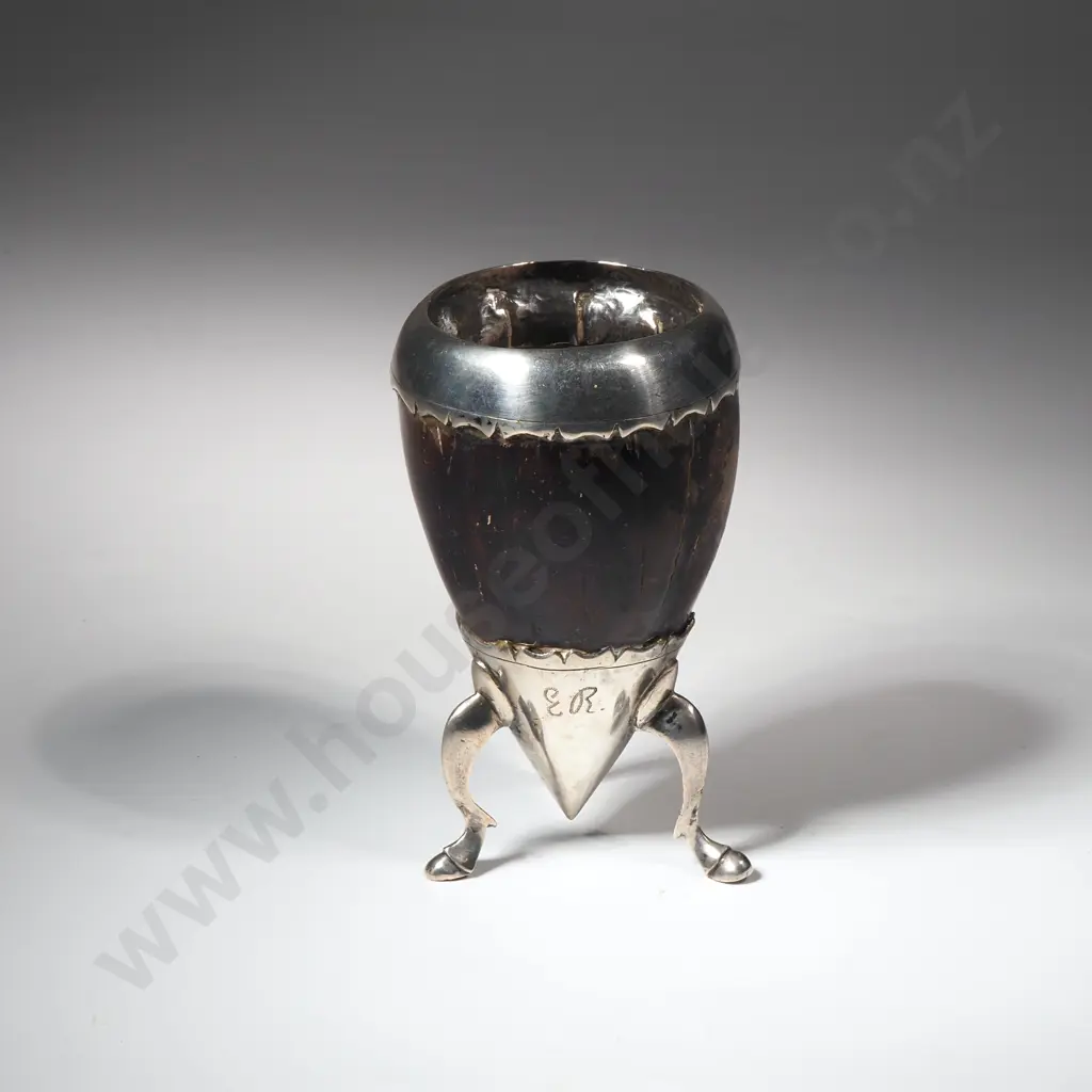 Georgian Sterling Silver Mounted Coconut Cup on a Three Footed Silver Base Image 1++