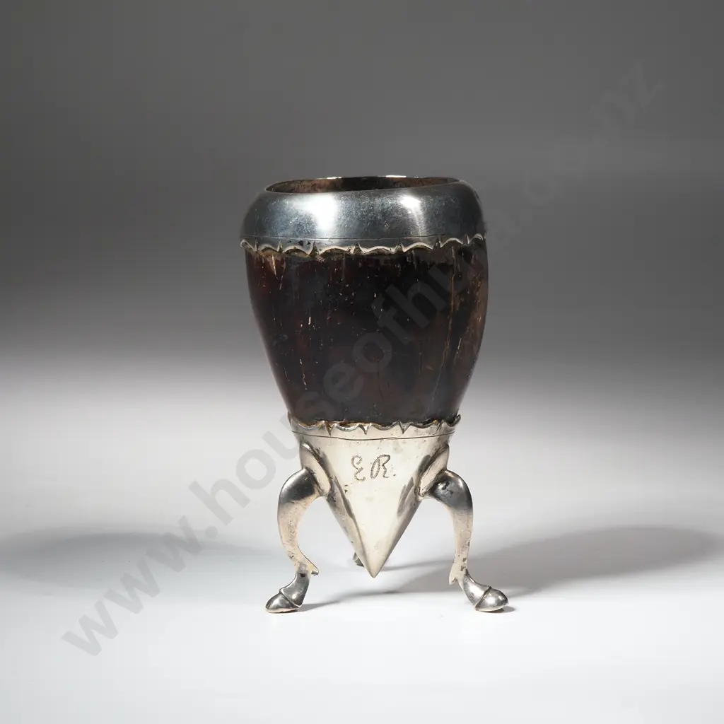 Georgian Sterling Silver Mounted Coconut Cup on a Three Footed Silver Base Image 1++