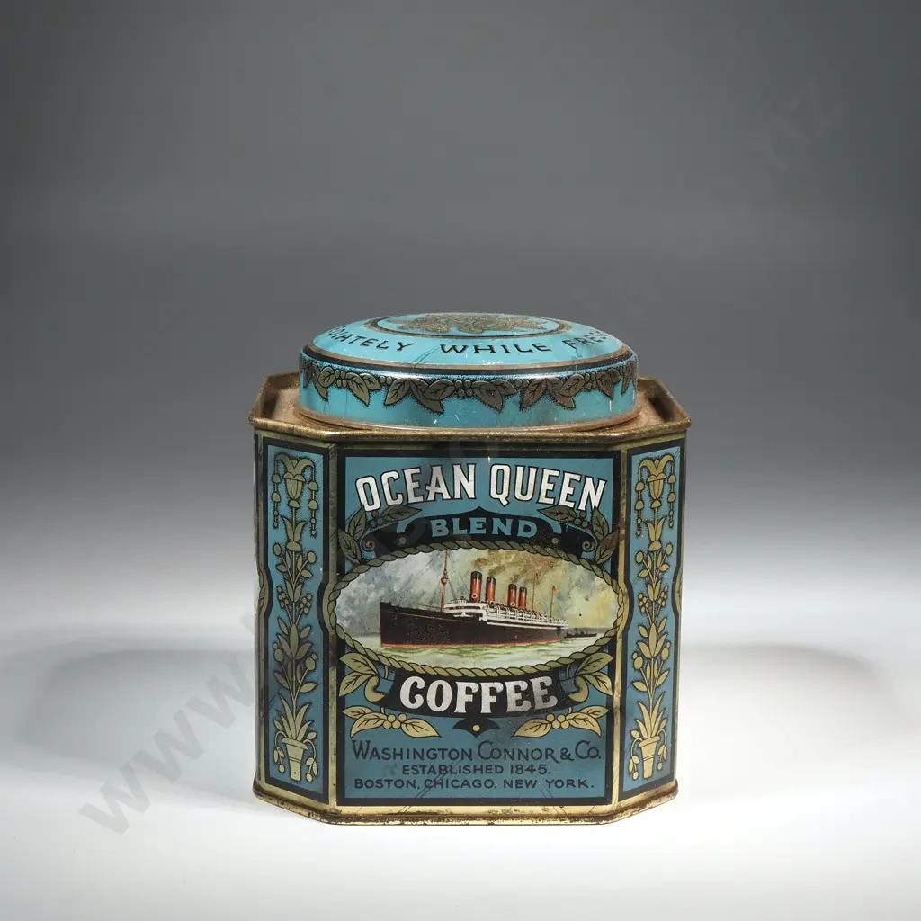Vintage Ocean Queen Blend Coffee Tin Blended by Washington Connor & Co Image 1++