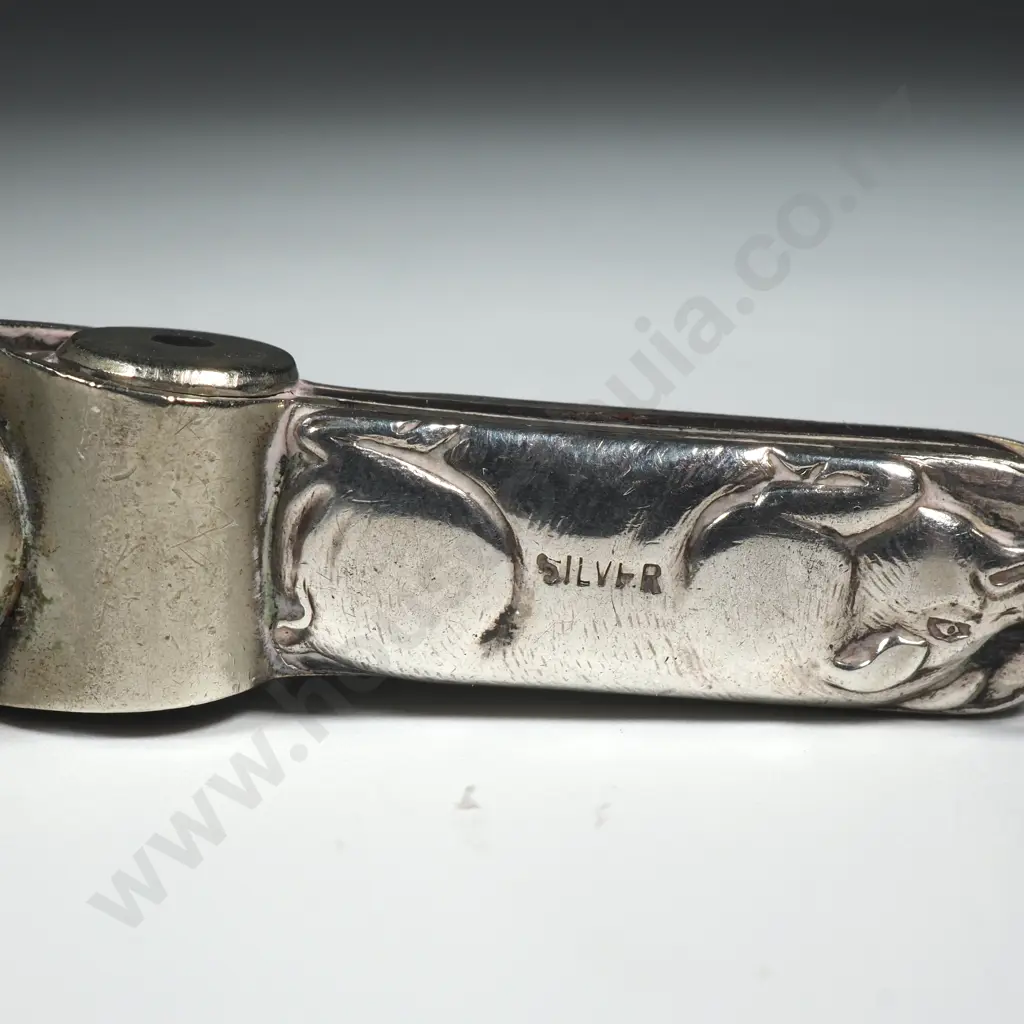 Antique Sterling Silver & Nickel Cigar Cutter w Pig Decoration Image 1++