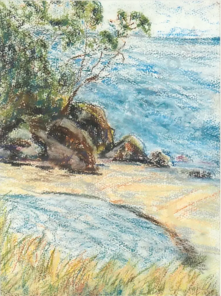 Carolyn Fletcher - Coastal Scene with Pool, Crayon Image 1++